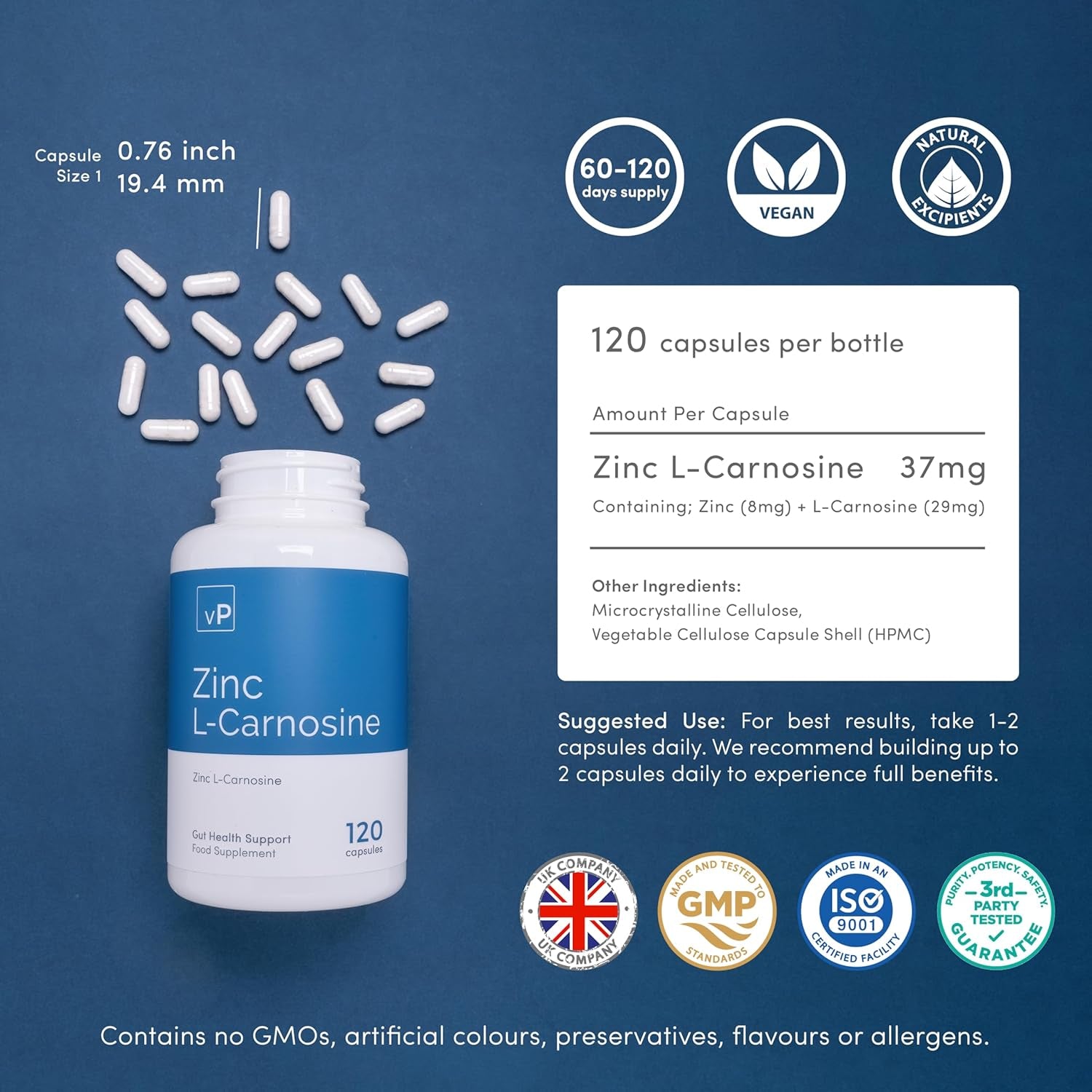 Vp Vitality Pro Zinc L-Carnosine 37Mg X 120 Capsules - over 99% Purity Third Party Tested - Gut Health Zinc Carnosine Supplement - Vitality Pro