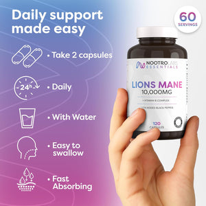 Nootro Labs Essentials Lion'S Mane Capsules (60 Servings), 10000Mg Lions Mane Supplement with Vitamin B Complex to Support Focus and Brain Function