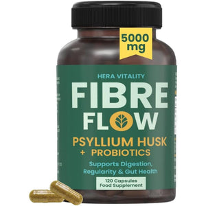 Psyllium Husk Fibre Flow Supplement with Probiotics | 120 Vegan Capsules | Daily Gut, Digestive & Heart Health Support | Natural Stool Fibre Boost HERA Vitality