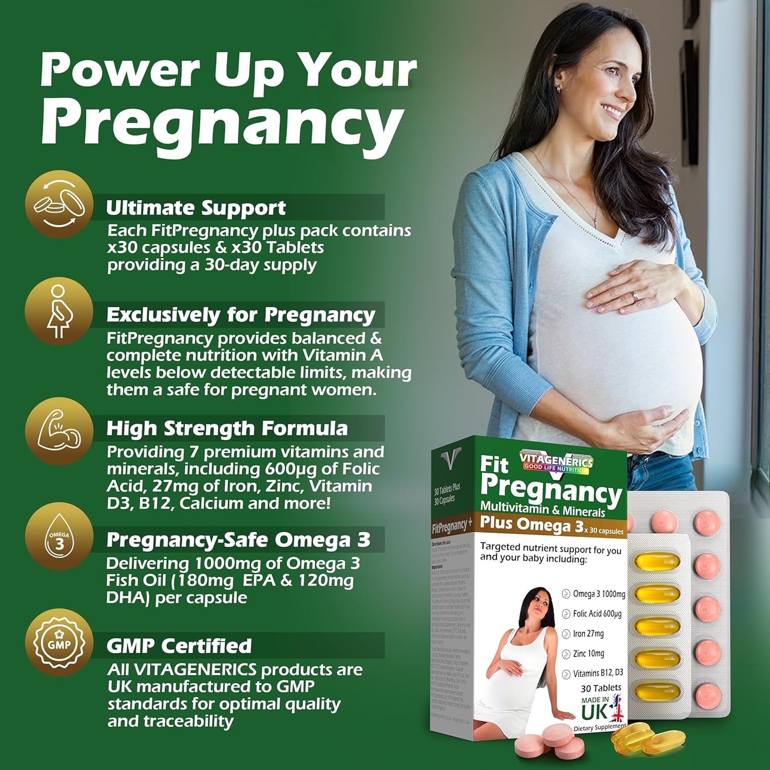 VITAGENERICS Fitpregnancy Multivitamin & Minerals plus Omega 3 | 30 Tablets plus 30 Capsules | with 600Μg Folic Acid, Iron, Zinc, B Vitamins & More. UK Made for Pregnant Women