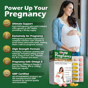 VITAGENERICS Fitpregnancy Multivitamin & Minerals plus Omega 3 | 30 Tablets plus 30 Capsules | with 600Μg Folic Acid, Iron, Zinc, B Vitamins & More. UK Made for Pregnant Women