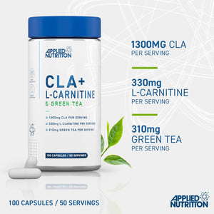 Applied Nutrition CLA + L-Carnitine & Green Tea - Fat Burner for Weight Loss, Energy & Metabolism Support (100 Capsules / 50 Servings)