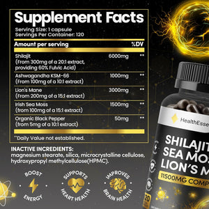 Sea Moss Shilajit Lion Mane 3 in One, with Added Ashwagandha and Black Pepper, 11500Mg Superfood Blend for Vitality & Immunity, Energy and Brain Health - 120 Vegan Capsules by Healthessent