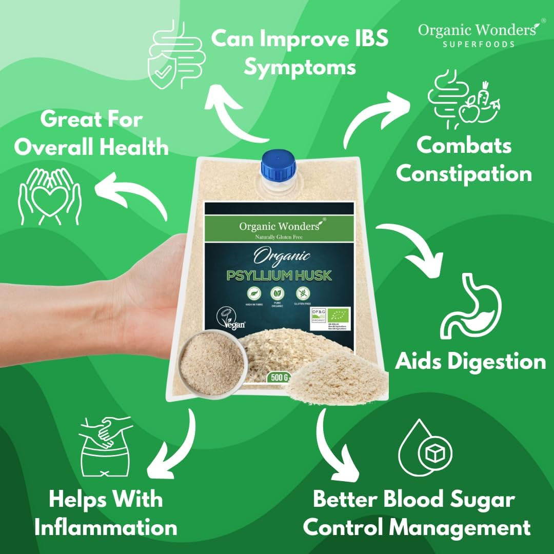 Organic Psyllium Husk Powder (500G) | 99% Pure | High in Fibre | Digestive Support, Regularity & Weight Management | 100+ Servings | Gluten-Free | Premium for Baking by Organic Wonders®