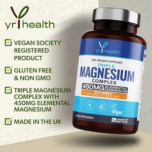Vegan Magnesium Supplements with Zinc, 180 Capsules, Triple Magnesium Complex Supplement plus Vitamin D, B6 & Copper, Vegan Society Registered, Made in the UK by Yrhealth