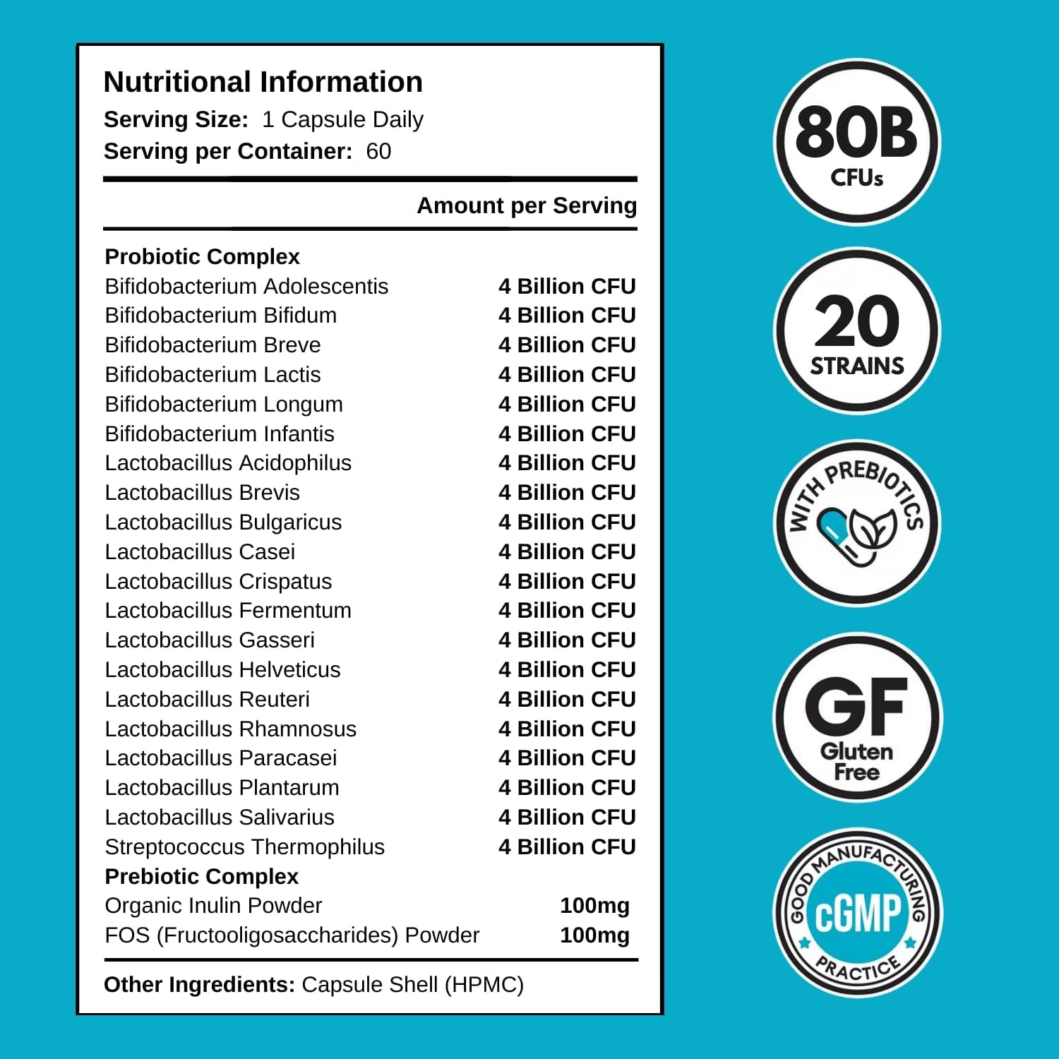 80 Billion CFU Probiotics - 20 Strains + Prebiotics | Lactobacillus and Bifidobacterium Strains | Probiotics for Women and Men | Made in the UK – 2 Month Supply