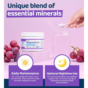 Ultra Lyte Magnesium Glycinate Powder with Trace Minerals 180G – Vegan & Gluten-Free Flavoured Magnesium Supplement – for Sleep Aid, Stress Relief & Muscle Relaxation – 60 Servings (180G, Grape)