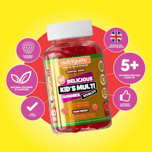 Kids Multi Vitality Sugar Free Gummy | Multivitamin for Bones, Teeth, Immunity, Energy & Cognitive Function | Strawberry Flavour | 60 Vegan Gummies | Suitable for Kids Age 5+ by NUTRIGUMS®