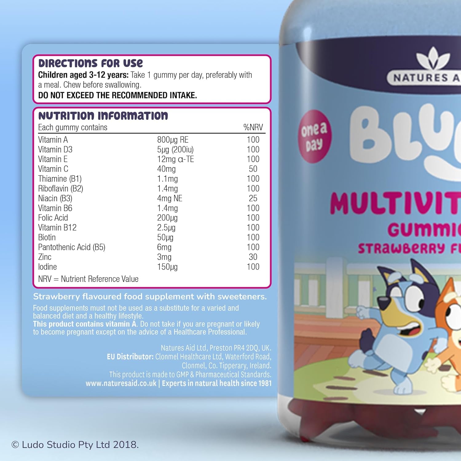 Bluey Kids Multivitamin Gummies - 14 Essential Vitamins & Minerals to Support Growing Bodies, Immunity & Tiredness - Strawberry, No Added Sugar, Vegan, Gluten Free - 30 Gummys for Children Ages 3-12