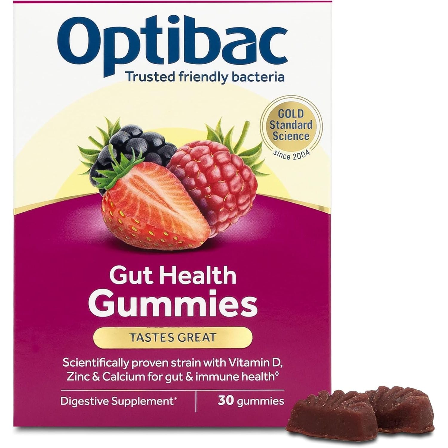 Optibac Probiotics Gut Health Gummies - Vegan Digestive Probiotic Supplement with Vitamin D, Zinc & Calcium for Immune Support & Gut Health - 5 Billion Bacterial Cultures - 30 Gummies