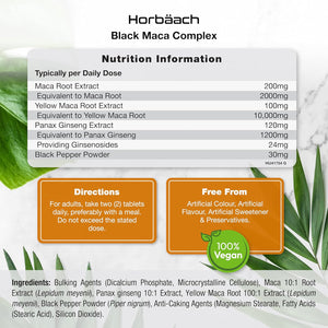 Black Maca Root 12,000Mg (High Strength) | Complex with Black Maca, Panax Ginseng, Yellow Maca & Black Pepper | 180 Vegan Tablets | by Horbaach