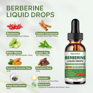 Berberine Supplement 3000Mg High Strength, 100% Absorption with 3X Berberine 1000Mg High Strengh Concentration, Natural Ingredients, Green Apple Flavour, 60Ml