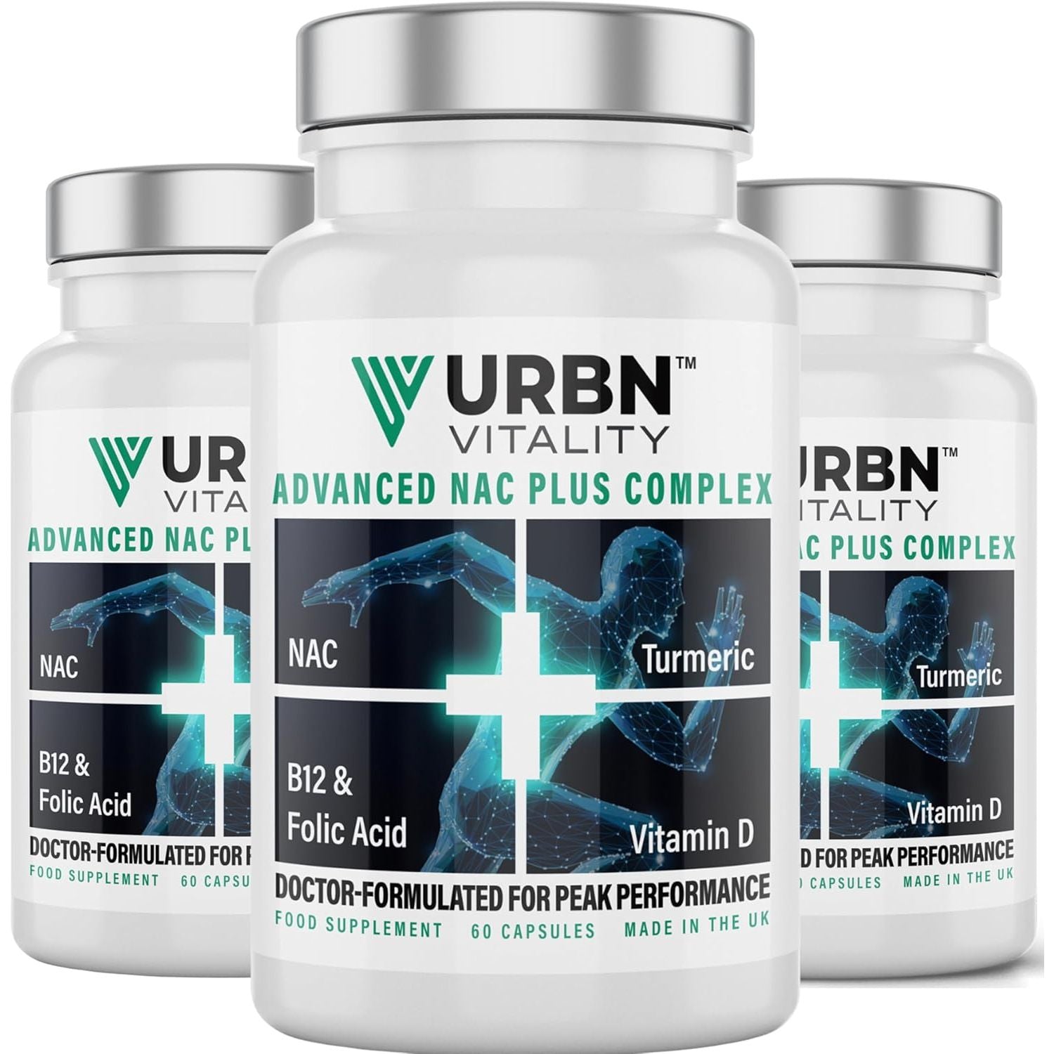Urbn Vitality NAC + Turmeric Complex | Vitamin D3, B12 & Folate | 12-In-1 Supplement with Piperine | Energy, Recovery & Immune Support | 60 Vegetarian Capsules