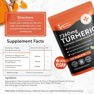 Turmeric Curcumin Tablets 7,260Mg per Serving - 95% Curcuminoids 2 Months Supply - with Ginger & Active Curcumin Including Black Pepper to Aid Absorption - High Strength Tumeric Supplement - Vegan UK