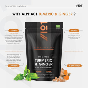 Organic Turmeric 1440Mg with Ginger & Black Pepper - High Strength Curcuminoids - 90 Vegan Capsules - Resealable and Recyclable Pouch - by Alpha01