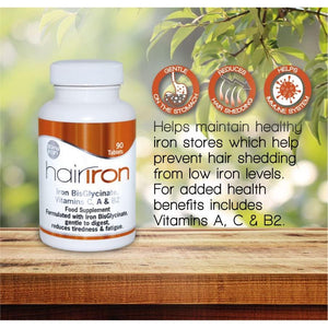 HAIRIRON - High Strength Iron Supplements - Gentle Iron Bisglycinate 30Mg with Vitamins C, a & B2 Tablets, Vegan Supplements for Men & Women'S Health - 90 Tablets.