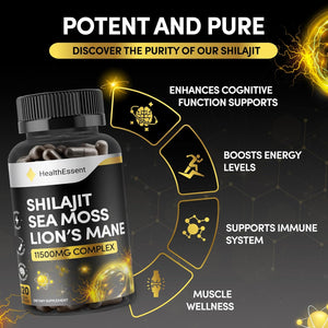 Sea Moss Shilajit Lion Mane 3 in One, with Added Ashwagandha and Black Pepper, 11500Mg Superfood Blend for Vitality & Immunity, Energy and Brain Health - 120 Vegan Capsules by Healthessent