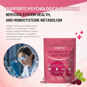 9000Mg Beetroot Extract & 1000Mcg Vitamin B12 Complex - Methylcobalamin & Adenosylcobalamin - Energy & Immune Support - Supports Blood Pressure, Vegan, Nitric Oxide Supplement - 90 Capsules