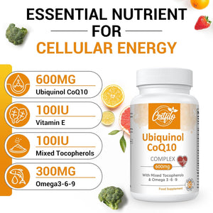 Ubiquinol Coq10 600Mg Softgels - Active Form of Coq10 plus Vitamin E & Omega 3 6 9 - Advanced Antioxidant Coenzyme Q10 Supplement for Heart & Brain (60 Count, (Pack of 1))