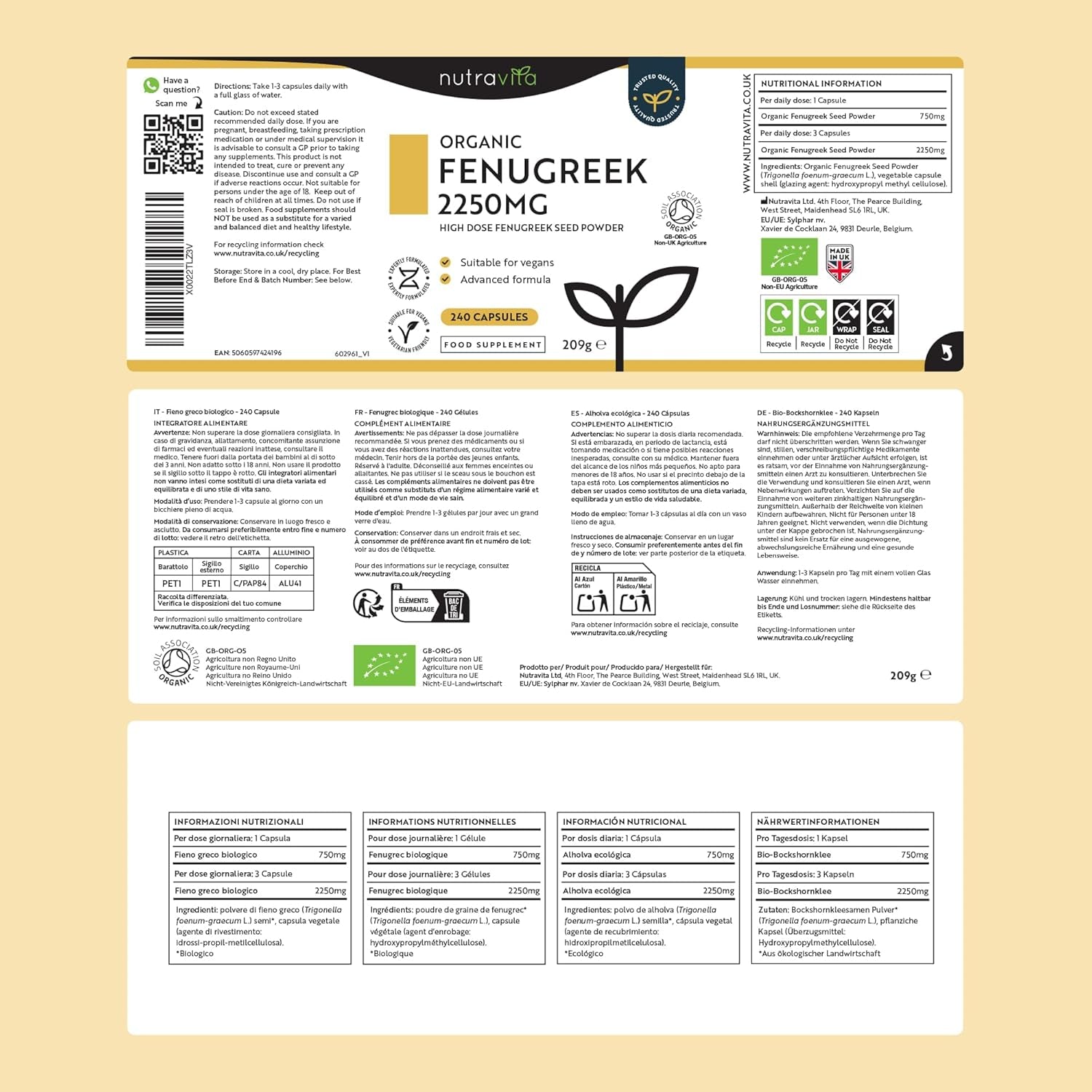 Organic Fenugreek Capsules - up to 8 Months of Supply and 2250Mg, 240 Capsules 100% Pure Fenugreek Powder - Soil Association Certified, Vegan Supplement, Made in the UK by Nutravita