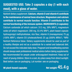 Calcium Magnesium Vitamin D3 & K2 | 90 Vegetarian Capsules | Bone Health Complex | Strengthens Bones and Muscles | Supports Bone Density | French Expertise