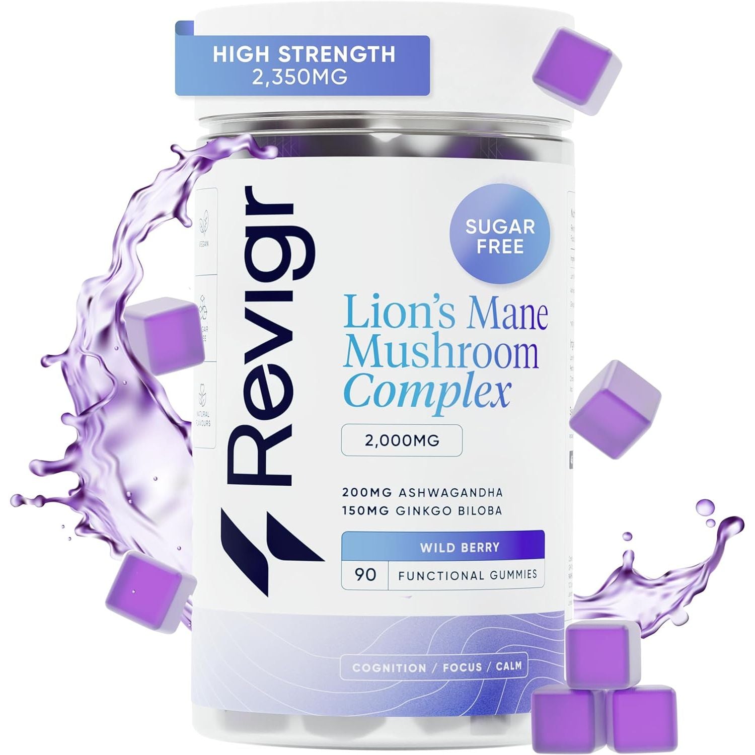 Revigr, 2000Mg, 90 Lion'S Mane Mushroom Gummies, + 200Mg Ashwagandha, + 150Mg Ginkgo Biloba, Nootropics for Cognition, Mood, Immunity & Inflammation, Vegan & Sugar-Free, Mixed Berry (45 Days Supply)