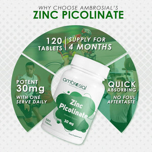 Ambrosial Zinc Picolinate Supplement 30 Mg – High Strength Zinc Tablets for Immune System, Skin, Hair & Nails for Women & Men – Vegan, Non-Gmo, GMP Certified, 120 Tablets (4 Months Supply)