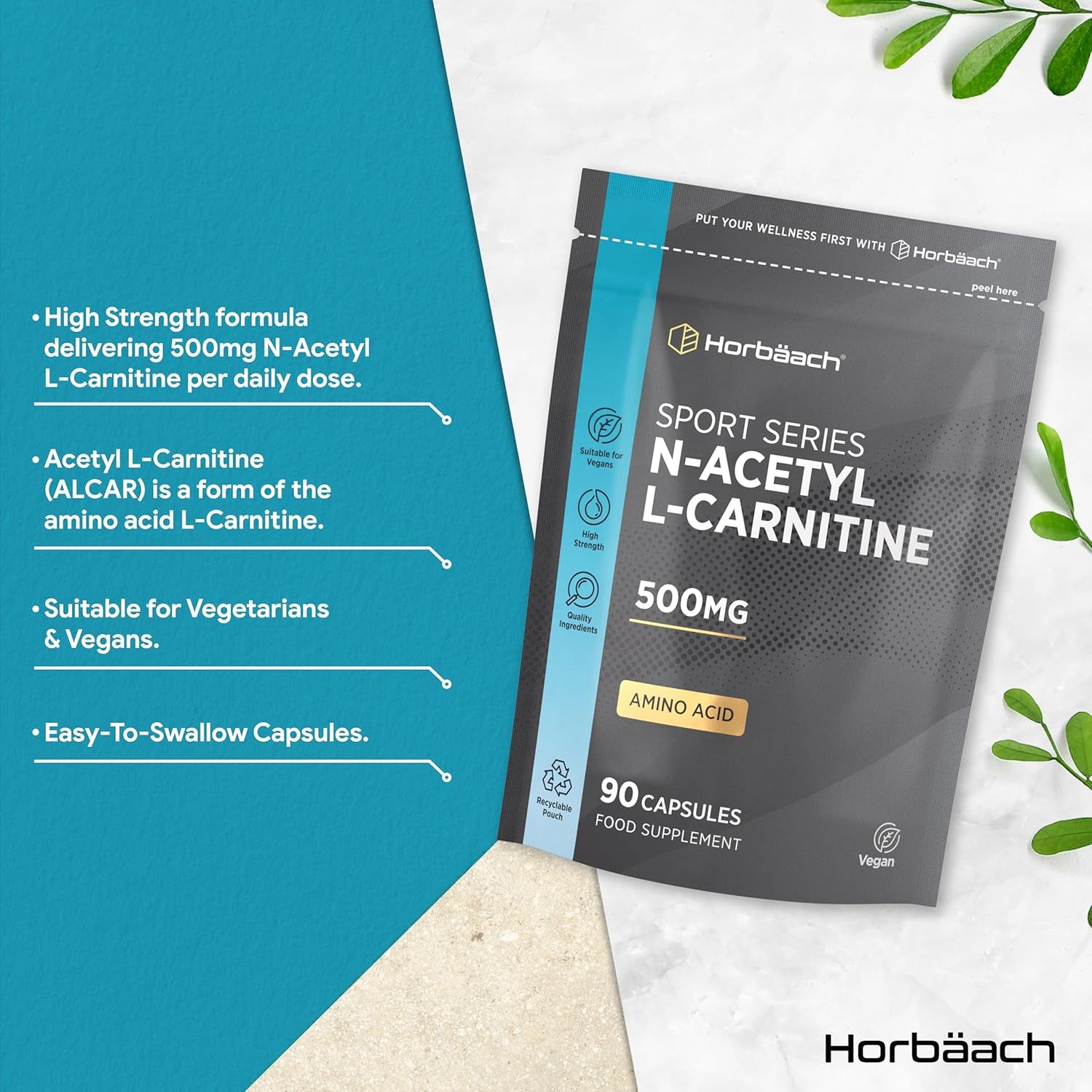 Acetyl L-Carnitine 500Mg | 90 Vegan Capsules | High Strength ALCAR Supplement | Amino Acid | by Horbaach