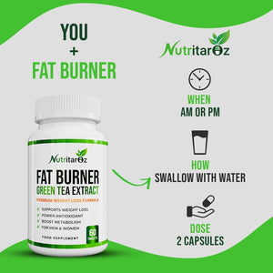 Fat Burner - Weight Loss Pills for Men & Women, Slimming Supplement with Green Tea Extract to Improve Metabolism & Energy, Appetite Suppressant, Diet Supplement - 60 Vegetarian Tablets - Nutritaroz