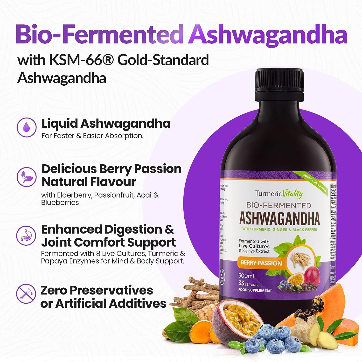 Ashwagandha KSM-66 Liquid Bio-Fermented with Turmeric, Probiotics & Digestive Enzymes for Stress, Mood & Gut Health - Natural Berry Passion Flavour