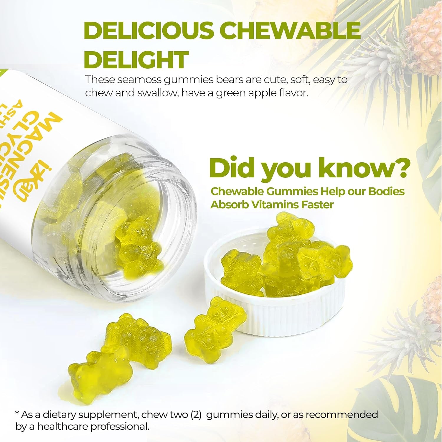 Magnesium Glycinate Gummies 800Mg - Sugar Free Magnesium Supplement with Ashwagandha, Lemon Balm Extract & Coq10 for Calm Mood & Muscle, Sleep Support - 60 Gummies (Pineapple Flavor) (1)