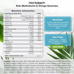 Kids Multivitamin Omega 3 6 9 Gummies | 120 Count | 19 Nutrients with Vitamin A, B12, C, D and Zinc | Natural Berry Flavour | Vegetarian Friendly Formula | by Horbaach