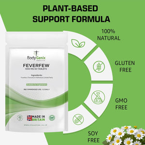 Bodygenix Feverfew 1000Mg Tablets - Headaches Relief Joints Health anti Inflammatory Natural Supplement - 60 Tablets 2 Month Supply