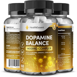 Dopamine Supplements, Balance Dopamine Levels 1400Mg Potent Complex, L Tyrosine with Added Panax Ginseng, L-Theanine, Ginkgo Biloba & Magnesium, Productivity Increase - 60 Vegan Capsules Healthessent