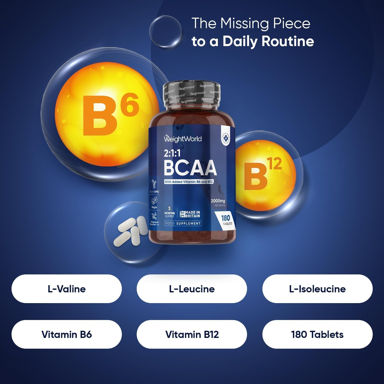 BCAA Tablets 2000Mg - 180 Tablets - with Essential Amino Acids - Vitamin B6 & B12-3 Months Supply - 2:1:1 Ratio Bcaas - for Men & Women - Vegan & Non-Gmo