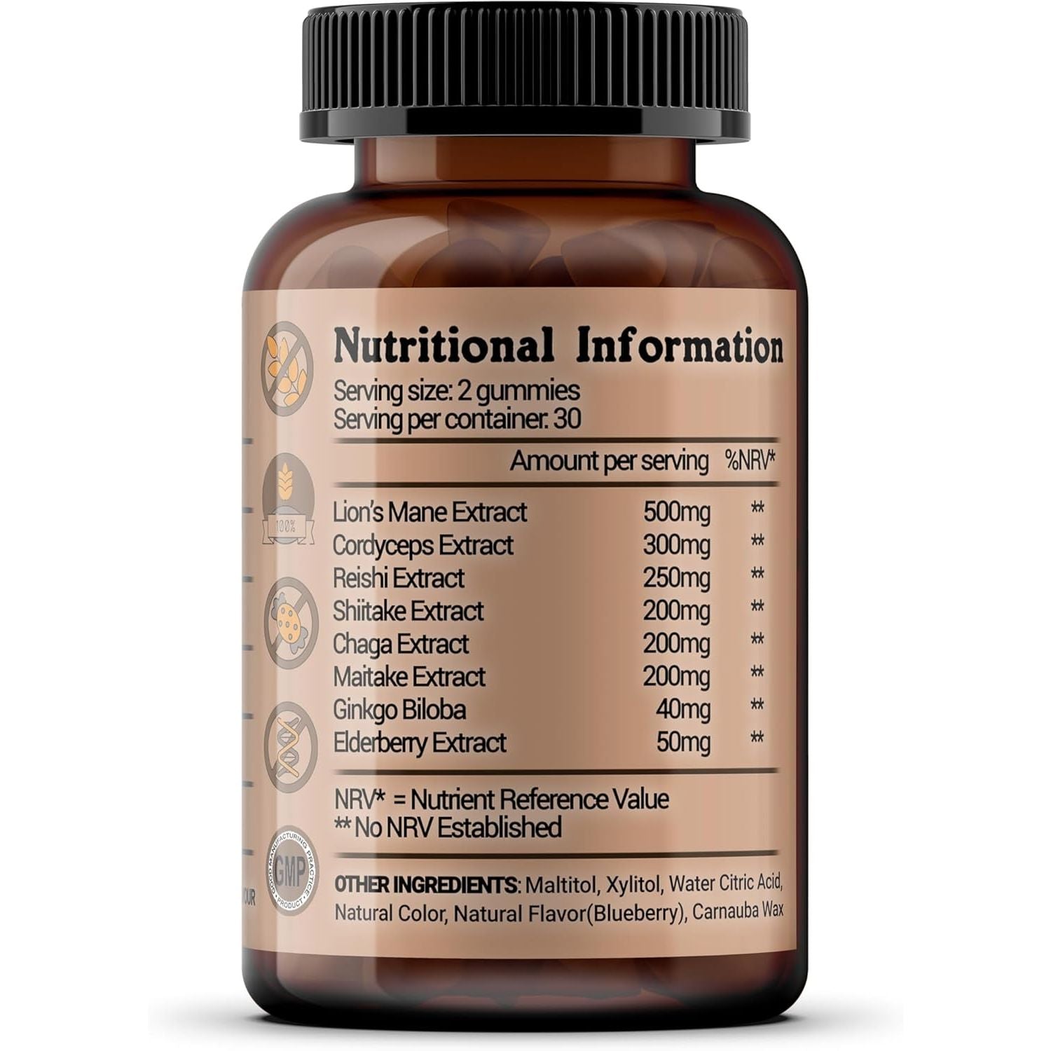 Mushroom Complex 60 Gummies, Lion’S Mane, Cordyceps, Shiitake, Maitake, Reishi, Chaga with Ginkgo Biloba and Elderburry Extract, Sugar Free