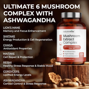 4000Mg 6 Mushroom Complex with Ashwaghandha KSM-66, Lions Mane, Cordyceps, Shiitake, Reishi, Chaga and Maitake, 120 Capsules, 2/Day Focus and Brain Support Herbal Nootropic - 40% Polysaccharides