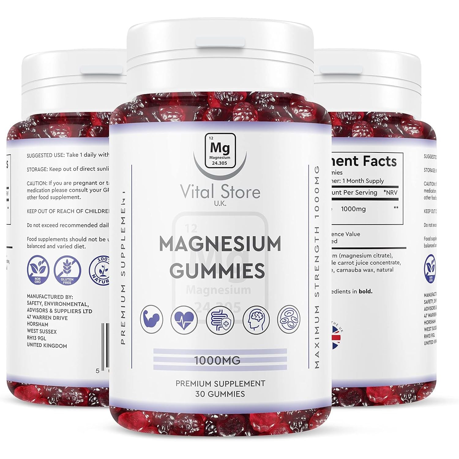 Magnesium Gummies 1000MG - Vegan 1 Month Supply - Berry Flavour - High Strength Magnesium Gummies - Magnesium Supplements, 30 Count (Pack of 1)