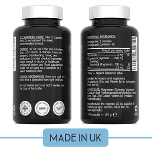 Magnesium Glycinate Supplement - 1500Mg Magnesium Bisglycinate Capsules with Zinc & Vitamin B6-120 Tablets High Strength Complex - 300Mg Chelated Supplement with Zinc - Advanced Absorption - UK Made