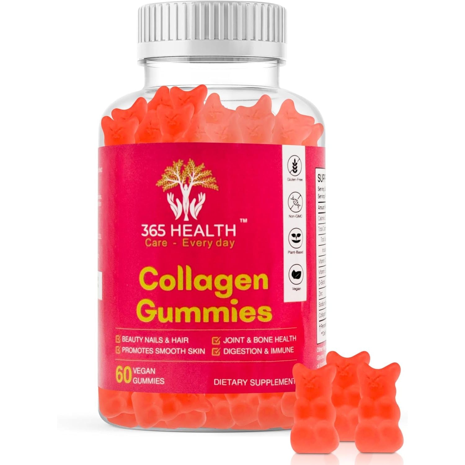 Brighter Eyes, Stronger Nails, Shiny Hair. 60X Vegan, Plant Based Collagen Gummies. Gluten Free. Delicious Strawberry Flavour. Contains Biotin + Vitamin C.