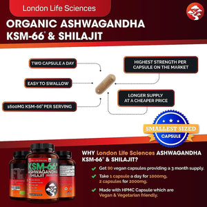 Organic SHILAJIT with Ashwagandha KSM-66® 2000Mg (2 Month Supply) | Root Extract | Vegan Ayurveda Medicine Supplement | Higher Bioavailability & Gluten-Free, Non-Gmo, UK, London Life Sciences®