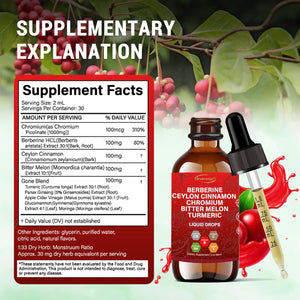 60ML Berberine with Ceylon Cinnamon Supplement Liquid Drops + Bitter Melon Extract, Glucomannan, Gymnema, Chromium, Turmeric, Panax Ginseng, Moringa GLP-1 Support