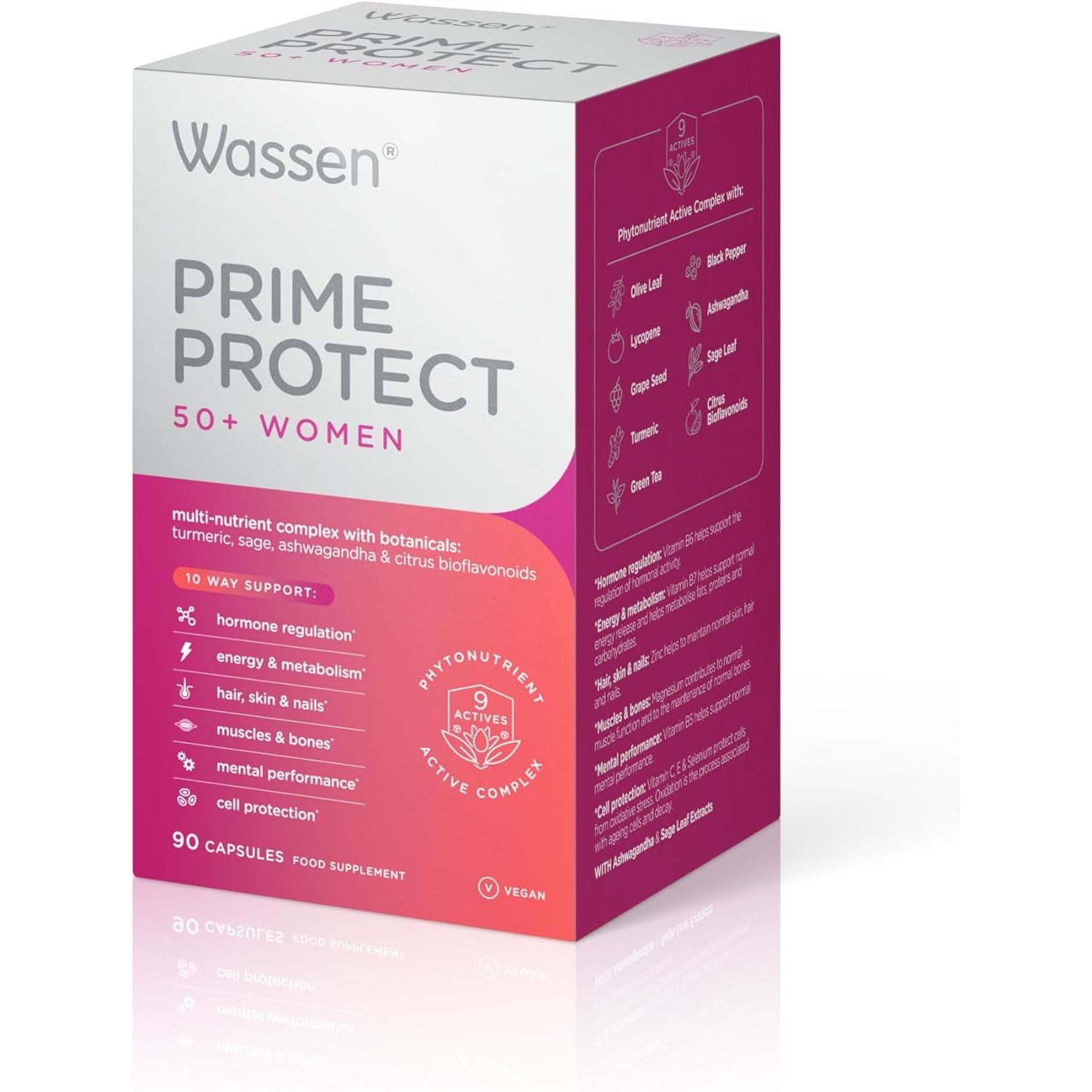 Wassen Prime Protect 50+ Women | 90 Vegan Capsules | Multivitamin for Women | Menopause Supplements for Hormone Balance for Women | Vitamin for Women over 50 Multivitamins | Hormonal Balance for Women