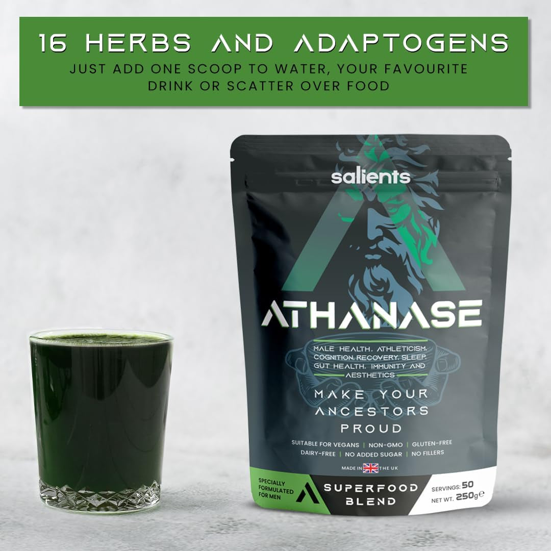 SALIENTS® ATHANASE® | Men'S Super Greens Powder | Superfood Powder Blend | Includes Maca Root, Guarana, Ashwagandha, Lions Mane, Shilajit, Fenugreek & More | 250G & 50 Servings | UK