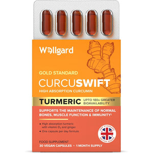 Wellgard Curcuswift Turmeric - High Strength Turmeric Supplement, Curcumin with Vitamin D3 & Ginger for Immune Support & Bone Health