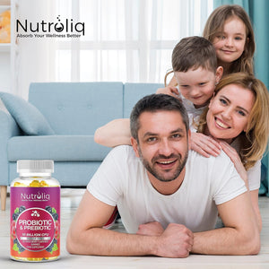 Nutroliq Prebiotic & Probiotic Sugar-Free Gummies - Gut Health Supplements for Women, Men, Kids to Support Digestive System, Immune System Booster - 10 Billion CFU per Serving, Vegan - 60 Gummies