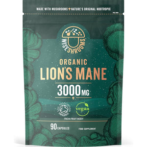 Organic Lions Mane Supplement 3000Mg | High Strength Mushroom Supplement | from Fruit Body | 90 Vegan Capsules | by Wiseshrooms