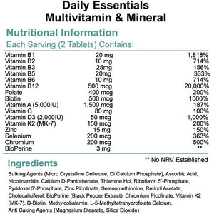 Daily Essentials Multivitamin & Mineral X 120 Tablets - 2 a Day Formula with Methylcobalamin, P-5-P, Methyl Folate, Bioperine and Chelated Minerals