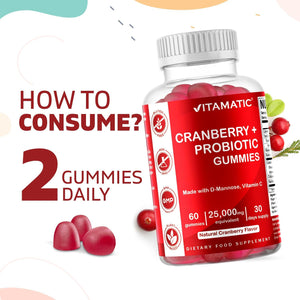 Vitamatic Vegan Cranberry Gummies with D-Mannose, Probiotic & Vitamin C for Women Urinary Tract Health - 25000 Mg Equivalent per Serving - 60 Count - (Non-Gmo, Gluten Free)