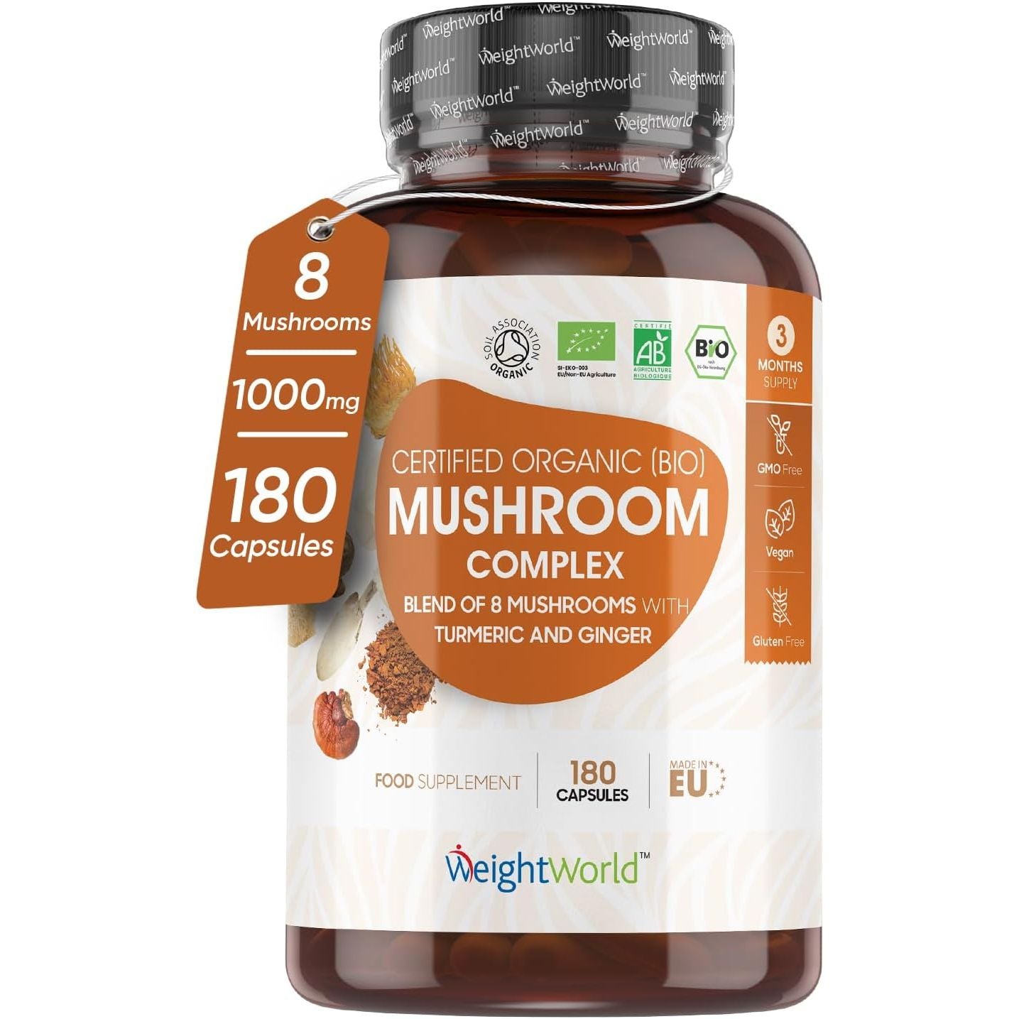 Organic Mushroom Complex 8-180 Capsules - 1000Mg - Lion'S Mane & 7 Mushroom Blends (Reishi, Chaga, Cordyceps, Shiitake, Oyster, Maitake & Coprinus) - Added Turmeric & Ginger - Vegan & Non-Gmo